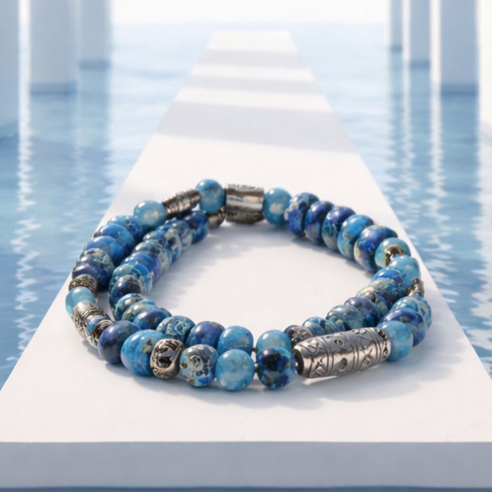 Royal Blue Amazonite Beaded‎ Set of 2 Bracelets with Silver Spacers - Handmade